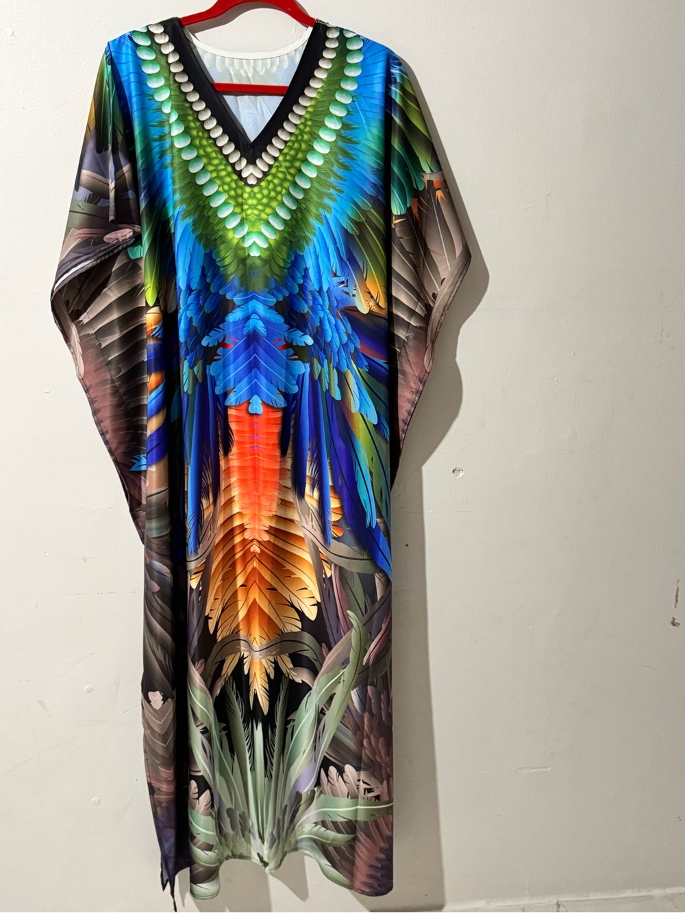 Colorburst Boho Feather-Print Maxi Caftan Dress in Blue & Green